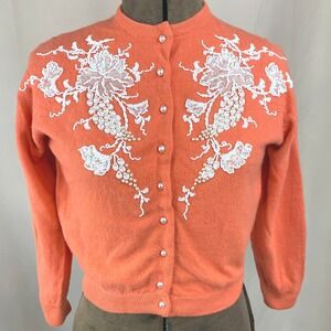 Vintage 50s Womens Cardigan (S) Orange Beaded‎ Cashmere Sweater Rockabilly Pinup